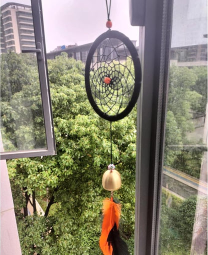 Dreamcatcher Indian Round Net Wind Chimes, Creative Black and Orange Feather Chimes for Balcony, Study, Bedroom Hanging Decoration