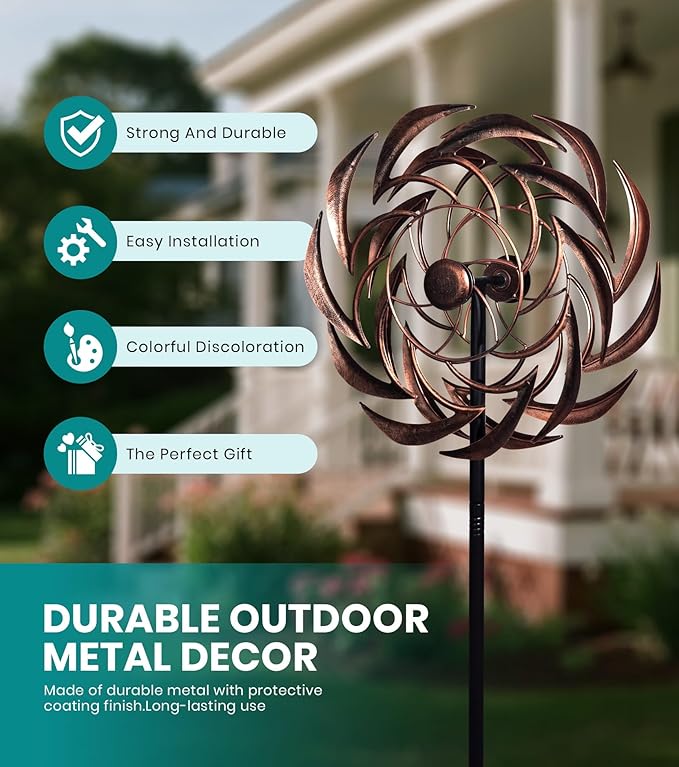 360° Copper Garden Wind Spinners Outdoor for Yard & Garden – W13xH63 Copper Metal Kinetic Sculpture Inspired by Bronze Sundial – Elegant Outdoor Decor