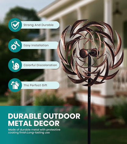 360° Copper Garden Wind Spinners Outdoor for Yard & Garden – W13xH63 Copper Metal Kinetic Sculpture Inspired by Bronze Sundial – Elegant Outdoor Decor