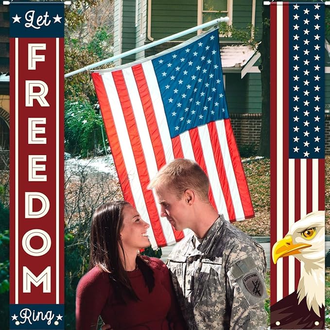 4th of July Decorations, Patriotic Decorations of Hanging American Flag Banners Porch Signs 12 x 71 in for Memorial Day Independence Day Veterans Day Labor Day for Yard Indoor Outdoor Décor