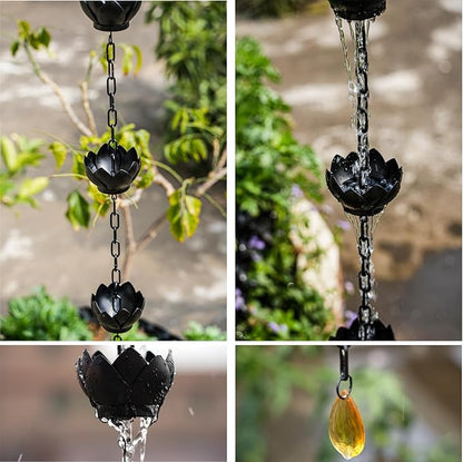 Rain Chain for Gutters Outside 8.5ft Downspout Replacement with 12 Cups Heavy-Duty Black Metal Rain Catcher Divert Rainwater for Gardens Patios & Home Decor Adjustable Easy Install