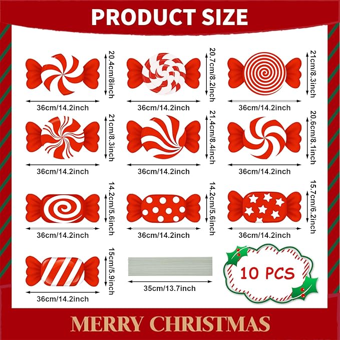 10-Piece Christmas Candy Yard Signs with Stakes Decorations – 10 Assorted Designs 14 Inches Large Peppermint and Lollipop Signs for Outdoor Garden and Lawn Holiday Party Favor
