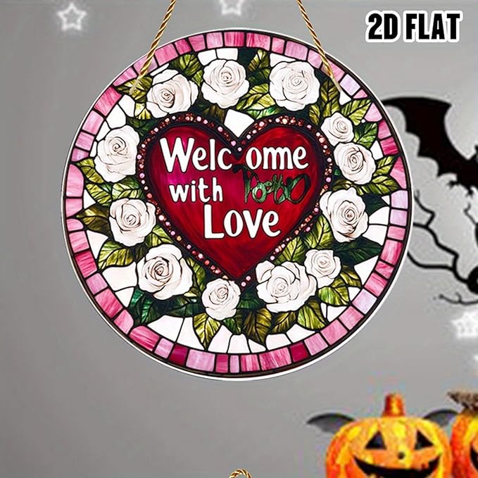 1pcs Heart Sun Catcher for Window Hanging White Flower Stained Glass Window Suncatchers Round Valentine's Romantic Ornaments Room Home Decor for Wife Valentine's Day Gift