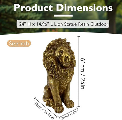 24" Large Golden Lion Statue for Garden, Outdoor Sculpture, Animal Decor for Yard Porch Entryway Patio Living Room (Large, Lion)