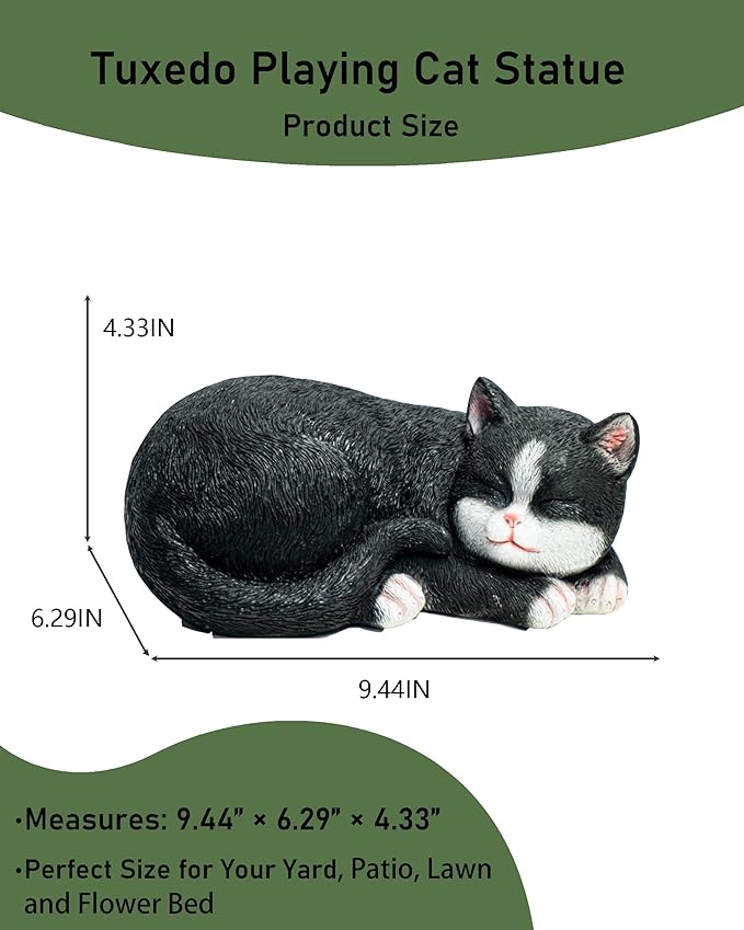 Elenon Cat Garden Statue Decorative for Yard, Black & White Sleeping Cat Figurines Home Lawn Decor, Patio Kitten Tuxedo Statues Pets Memorial Ornament for Cat Lovers
