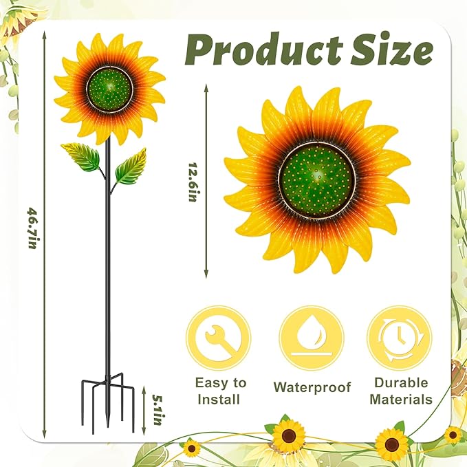 Sunflower Wind Spinners Outdoor, 46.7" H x 12.6" W Metal Wind Sculptures & Spinners with 5 Prong Stake, Garden Windmill for Yard Lawn Patio Art Decor Yellow