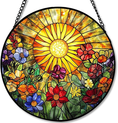 Stained Glass Window Hanging - Radiant Crystal Floral Sunburst 9.8in Sun Catchers Indoor Stained Glass Panels Wall Decor for Mom,Wife,Lovers,Festive