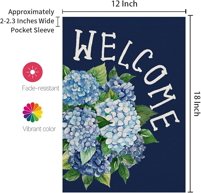 CROWNED BEAUTY Spring Garden Flag Hydrangea Welcome 12x18 Inch Double Sided Small Floral Seasonal Holiday Decoration for Outdoor Lawn Yard