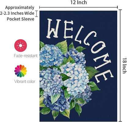 CROWNED BEAUTY Spring Garden Flag Hydrangea Welcome 12x18 Inch Double Sided Small Floral Seasonal Holiday Decoration for Outdoor Lawn Yard