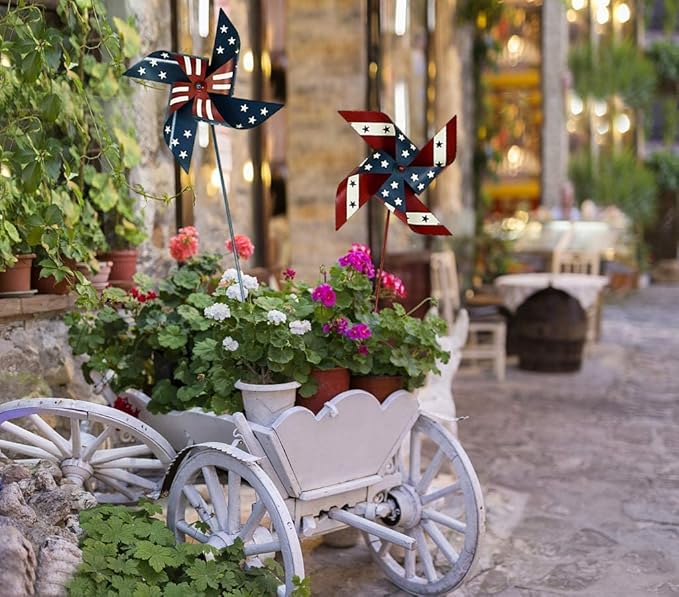 Linfevisi Metal Patriotic Pinwheels for Independence Day American Flag Metal Pinwheel Garden Stake Wind Spinners Red White and Blue 4th of July Decorations Memorial Day Lawn Ornaments Yard Art 36" H