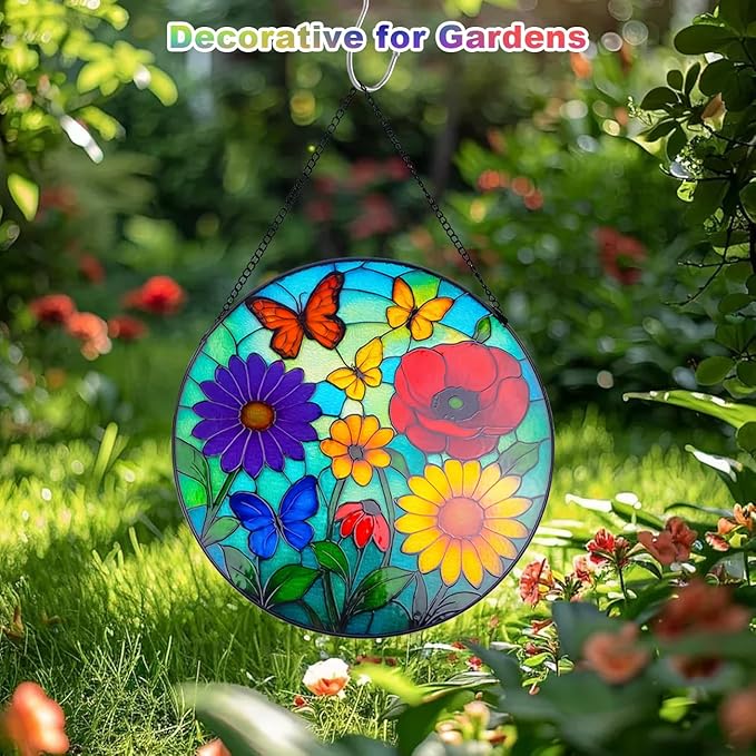 Wildflowers Stained Glass Window Hanging, Wildflowers Suncatcher for Indoor Window, Floral Stained Glass Decor for Garden, Home, Outdoor, Sun Catchers Birthday Gift for Women,Lovers and Mom 12 Inch