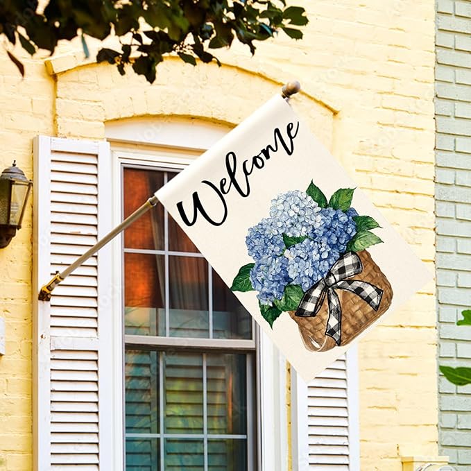 AVOIN colorlife Hydrangea Spring Summer House Flag 28x40 Inch Double Sided Outside, Floral Welcome Yard Outdoor Flag