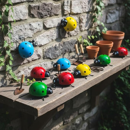 Cruis Cuka Cute Colorful Ladybug Metal Garden Decor, Set of 8 (4 Colors*2) Outdoor Yard Art, Lawn Ornaments, Fence & Patio Wall Sculptures, for Mom, Housewarming