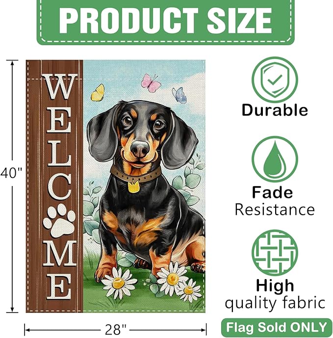 Dyrenson Welcome Dachshund Dog 28 x 40 House Flag Double Sided, Paw Prints Garden Yard Decoration Pet Owner Lover Gift, Spring Summer Burlap Outdoor Decor Decorative Large Flag