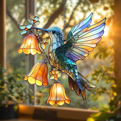 Hummingbird with Flowers Handmade Resin Suncatchers, Artisan Suncatcher Stained Glass Effect Hummingbird Ornaments Window Hanging Garden Decor, Gifts for Mother's Day, Mom, Grandma, Wife, Women