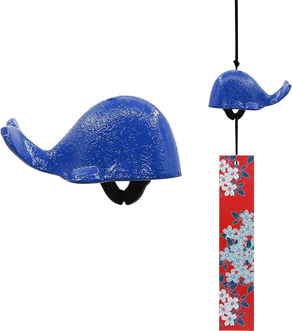 Japanese Wind Chime Cast-Iron Outdoor Ornament for Garden, Patio & Balcony, Hanging Metal Wind-Bell Decoration Gift, Blessing Pendant Windchimes & PVC Wind-Catcher, Blue Whale
