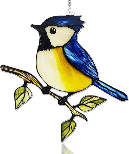 Birds on a Branch Stained Glass, Robin Bird Suncatchers Windows, Bird Suncatcher for Patio/Mom/Window (Blue)