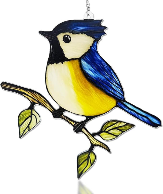 Birds on a Branch Stained Glass, Robin Bird Suncatchers Windows, Bird Suncatcher for Patio/Mom/Window (Blue)