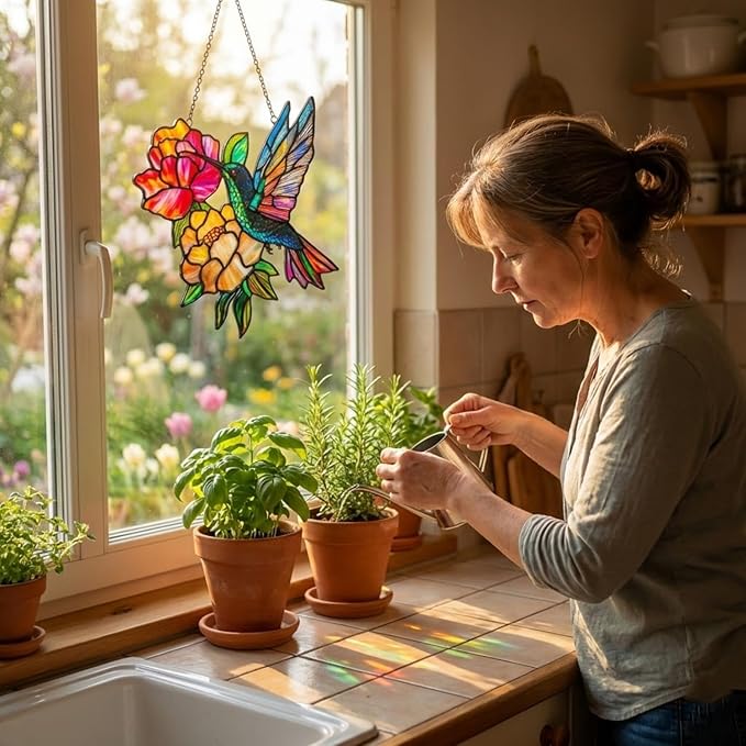 Hummingbird Handmade Resin Suncatchers Peony Flowers, Artisan Sun Catcher Stained Glass Effect Hummingbird Ornaments Window Hanging Garden Decor, Gifts for Mother's Day, Mom, Grandma, Wife, Women