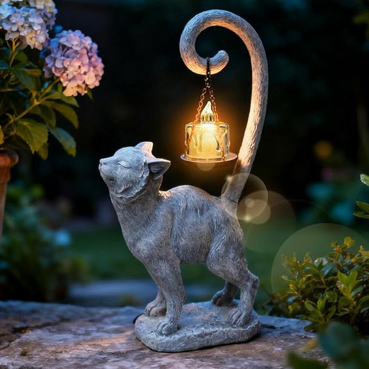 Standing Cat Garden Statue Candle Holder for Outdoor Garden Patio and Indoor Decor for Cat Lovers Women and Home Ambiance Grey Stone