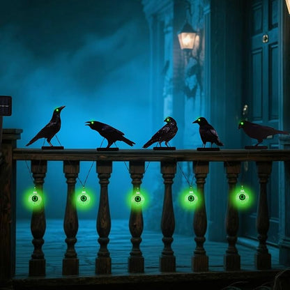 Halloween Outdoor Decor Metal Crow and Eyeball Solar Powered Lights Gothic Yard String Lights, Mini Garden Ornaments, Fence Toppers, Halloween Party and Home Decor (Set of 5)