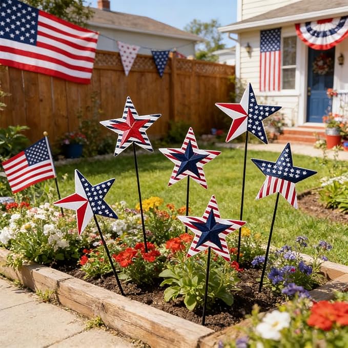 hogardeck 4th of July Decorations Outdoor, 6 PCS Metal Patriot Star Decorative Garden Stakes for Fourth of July Decorations, Patriotic Yard Signs for Garden Memorial Day Decorations