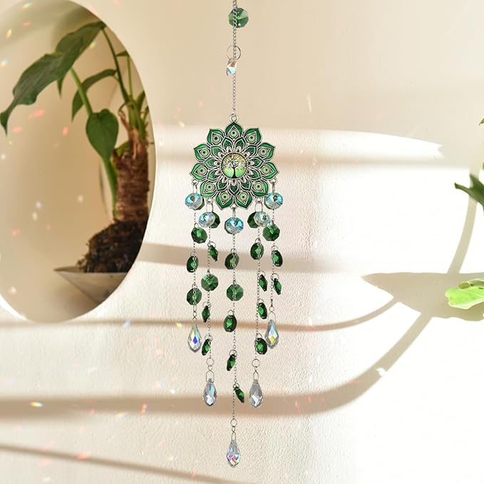Crystal SunCatcher for Window, Sun Catchers with Crystals, Hanging Crystals Rainbow Maker, Wind Chime, Hanging Crystal for Decoration (Green)