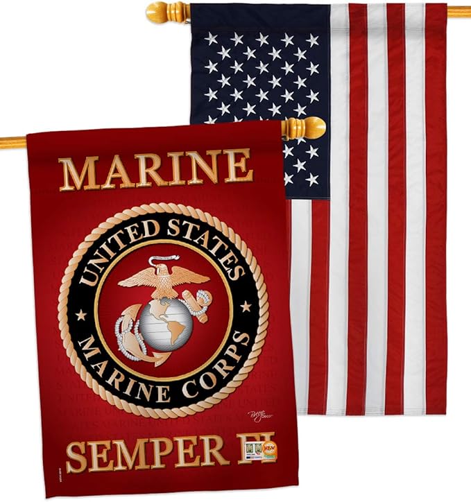 Marine Corps House Flag - Pack Armed Forces USMC Semper Fi United State American Military Veteran Retire Official USA Embroidery - Banner Small Garden Yard Gift Double-Sided Made in 28 X 40
