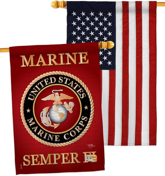 Marine Corps House Flag - Pack Armed Forces USMC Semper Fi United State American Military Veteran Retire Official USA Embroidery - Banner Small Garden Yard Gift Double-Sided Made in 28 X 40
