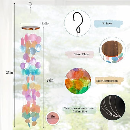 ASTARIN Capiz Shell Wind Chime for Outside 35” Seashell Wind Chimes, Handcrafted Rainbow Capiz Shells Windchime Coastal Style,Unique Outdoor Garden Decor Gift for Women Mother’s Day