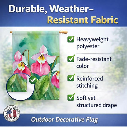 Caroline's Treasures Minnesota Pink and White Lady�s Slippers in Watercolor House Flag Large Porch Sleeve Pole Decorative Outside Yard Banner Artwork Wall Hanging, Polyester, House Size, Multicolor