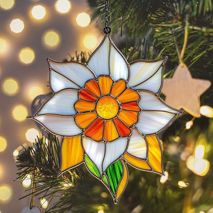 Narcissus Mosaic Style Acrylic Suncatcher Stained Glass Effect Window Car Hanging Christmas Ornament Indoor Outdoor Decor Garden Sun Catcher Panel for Floral Lover for Women Mom Grandma