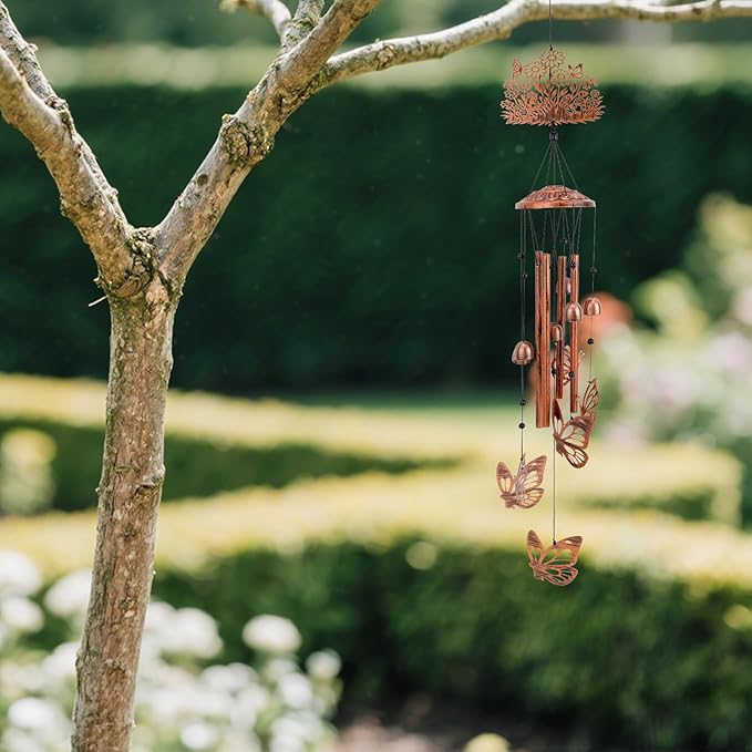 Wind Chimes for Outside, Butterfly & Flower Metal Wind Chimes with Aluminum Tubes for Garden Patio Yard Outdoors Home Decor Birthday Memorial & Housewarming Women Mom Gift Decoration