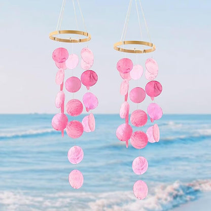 2 Pack Capiz Wind Chimes for Outside, Outdoor Seashell Hanging Beach Coast Ocean Home Decorative, Unique Natural Shell Waterfall Windchimes for Summer Patio, Great Memorial Sympathy Gift（Pink
