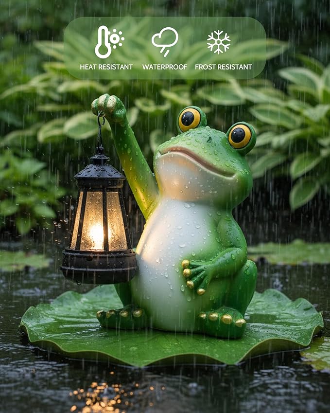 Vuees Solar Frog Garden Statue Light, Outdoor Waterproof Decorative Lantern Figurine, Cute Yard Art for Garden Patio Pond Balcony Porch Decor, Housewarming & Gardening Gifts for Women Grandma Mom