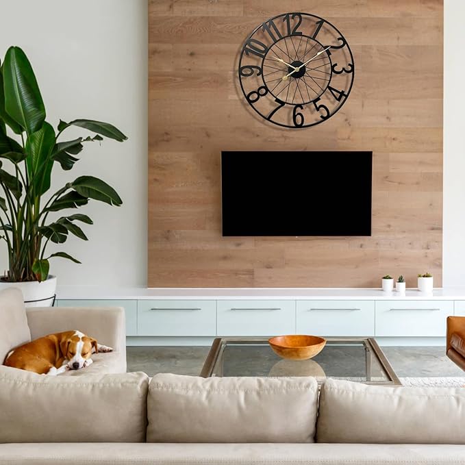 Large Wall Clock, Modern Black Decorative Wall Clock Silent Non Ticking Battery Operated, 24 Inch Wheel Metal Clock for Outdoor Covered Patio, Pool Area, Living Room, Farmhouse, Kitchen