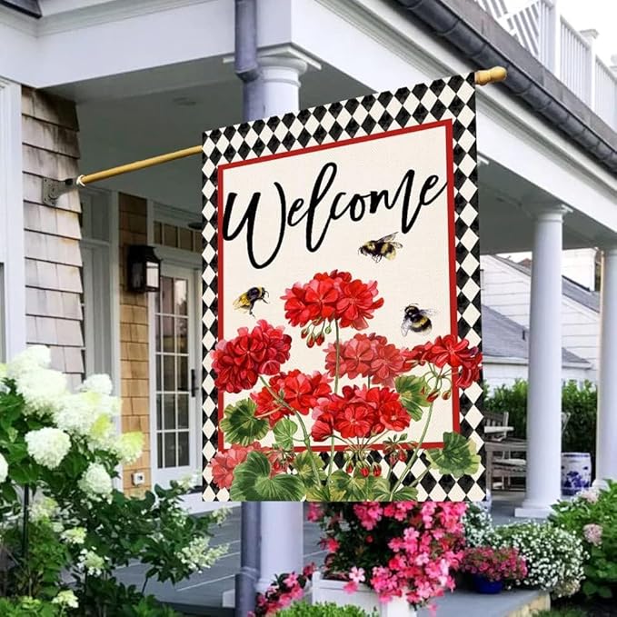 Baccessor Spring Summer Geranium Welcome House Flag Double Sided Summer Bee Red Floral Buffalo Plaid Burlap Large Flag House Seasonal Farmhouse Outside Outdoor Decoration 28 x 40 Inch