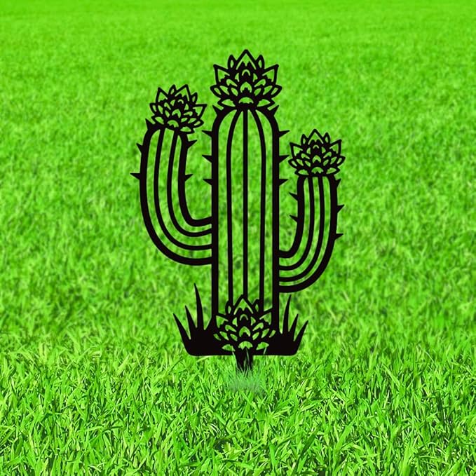 WADORN Cactus Metal Decorative Garden Stakes, Tropical Plant Silhouette Metal Outdoor Statues Funny Garden Ornament Gifts Black Yard Art Decoration for Outdoor Backyard Patio Lawn Walkways
