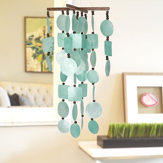 Woodstock Chimes Asli Arts Collection, Aqua Capiz Chime, 22'' Capiz Wind Chimes for Outdoor, Patio, Home or Garden Décor (C160)