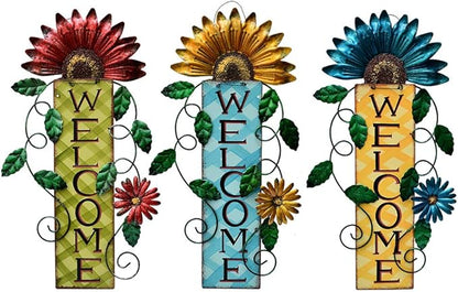 Attraction Design Welcome Sign for Front Door Decor Hanging Sign, Metal Flower Welcome Door Sign Wall Art Decor Hanging for Indoor Outdoor Patio Garden Yard Sign Porch Decoration 15.25X8.5In (3 Set)