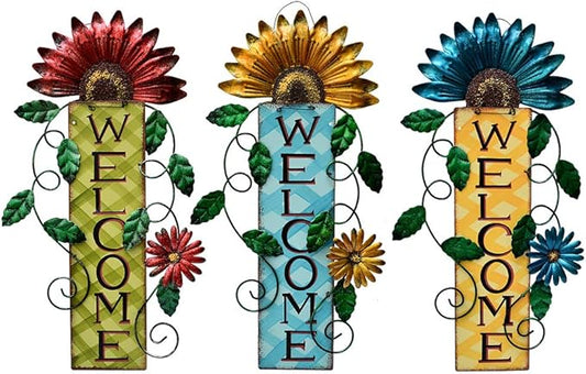Attraction Design Welcome Sign for Front Door Decor Hanging Sign, Metal Flower Welcome Door Sign Wall Art Decor Hanging for Indoor Outdoor Patio Garden Yard Sign Porch Decoration 15.25X8.5In (3 Set)