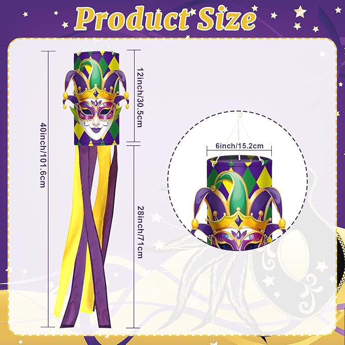 NOVWANG Mardi Gras Windsock, 40 Inch Wind Socks Mardi Gras Outdoor Decorations Purple Green Yellow Carnical Festive Flags for Yard Garden Home Party Hanging Decor