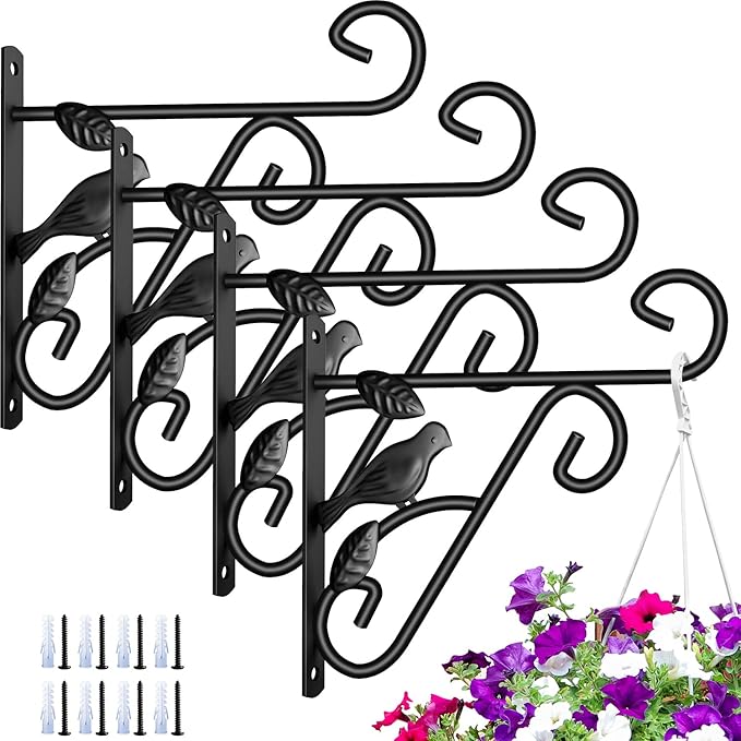 AMAGABELI GARDEN & HOME 4 Pack Hanging Plant Brackets Outdoor 10 inch Metal Fence Wall Plant Hanger Hooks for Hanging Flower Baskets Bird Feeders Lanterns Wind Chimes Rust-Resistant Black