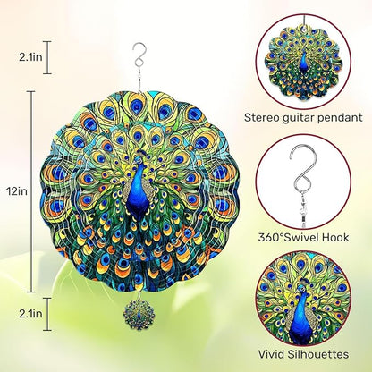 GENANY Peacock Hanging Wind Spinners for Women Men, 12 Inch Metal 3D, Stainless Steel Hanging Wind Catchers Sculpture for Outside, Spring Decoration Garden, Unique Gift