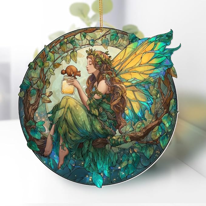 Fairy Ornament Acrylic Suncatcher – Enchanted Forest Fairy Sitting in Circle with Squirrel, Stained Glass Style Window Hanging Decor, Christmas Ornament Gift for Women, Fantasy Home Decor, (Sun-34)