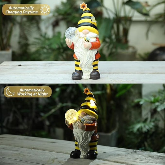 Solar Garden Gnome Statue, Resin Bee Gnome Figurine with Flower and Crackle Glass Globe Lights for Outdoor Decor, Porch Patio Yard Decorations, Garden Gifts for Mom