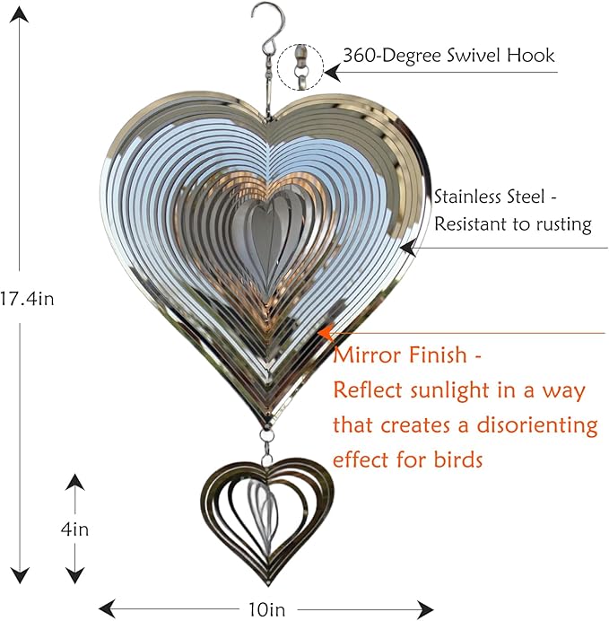 Phuryllic Wind Spinners Outdoor, Garden Decor, Bird Deterrents for Outside, 3D Metal Yard Decorations for Patio & Porch, Unique Gardening Gifts for Women & Moms - 2pcs Silver Heart