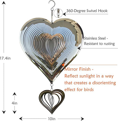 Phuryllic Wind Spinners Outdoor, Garden Decor, Bird Deterrents for Outside, 3D Metal Yard Decorations for Patio & Porch, Unique Gardening Gifts for Women & Moms - 2pcs Silver Heart