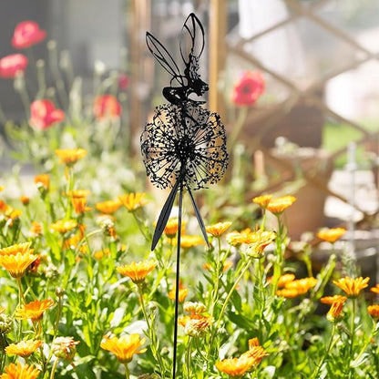 Flower Fairy Dancing with Dandelion Garden Sculpture,Angel Metal Ornaments Stainless Steel Statue Decorations,Wonderland Outdoor Yard Lawn Patio Stakes Sculptures Decor (C)