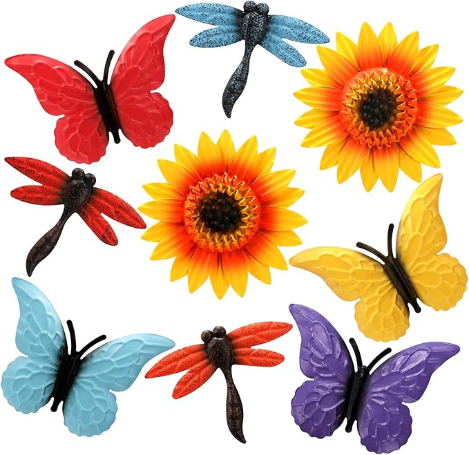 Pumtus 9 Pack Metal Sunflowers Wall Decor, Garden Flower Wall Art Decorations, Outdoor Butterfly Dragonfly Hanging Patio Decor, Yard Floral Fence Sculptures for Indoor Outside Living Room Bedroom